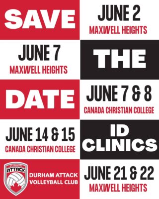 Durham Attack Volleyball Club is hosting ID Clinics! 🏐 

🗓 Save these dates and keep checking our Instagram as we will soon announce the age groups for each ID Clinic in June, as well as information on how you can sign up. 💻 

➕️ We will have open gym sessions in May - dates and details to follow! ⏳️

📍ID Clinics will be held at Maxwell Heights Secondary School (1100 Coldstream Dr, Oshawa) and Canada Christian College (300 Water St, Whitby).